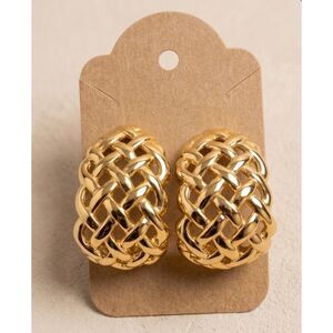 Vintage 80s Chunky Basket Weave Gold Tone Earrings Pierced 1.5 Inch